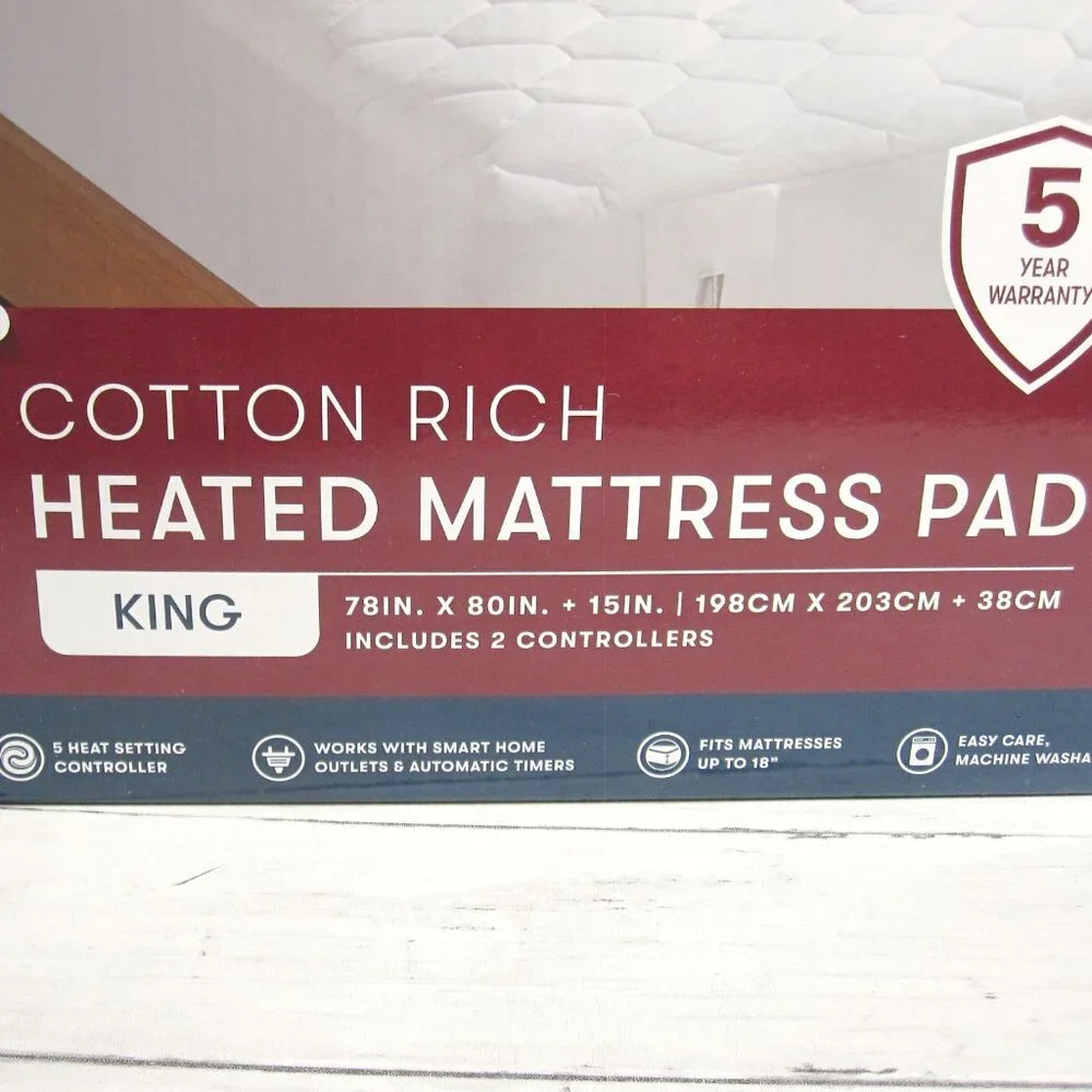 Serta Heated King Size White Quilted Mattress Pad Cotton Blend